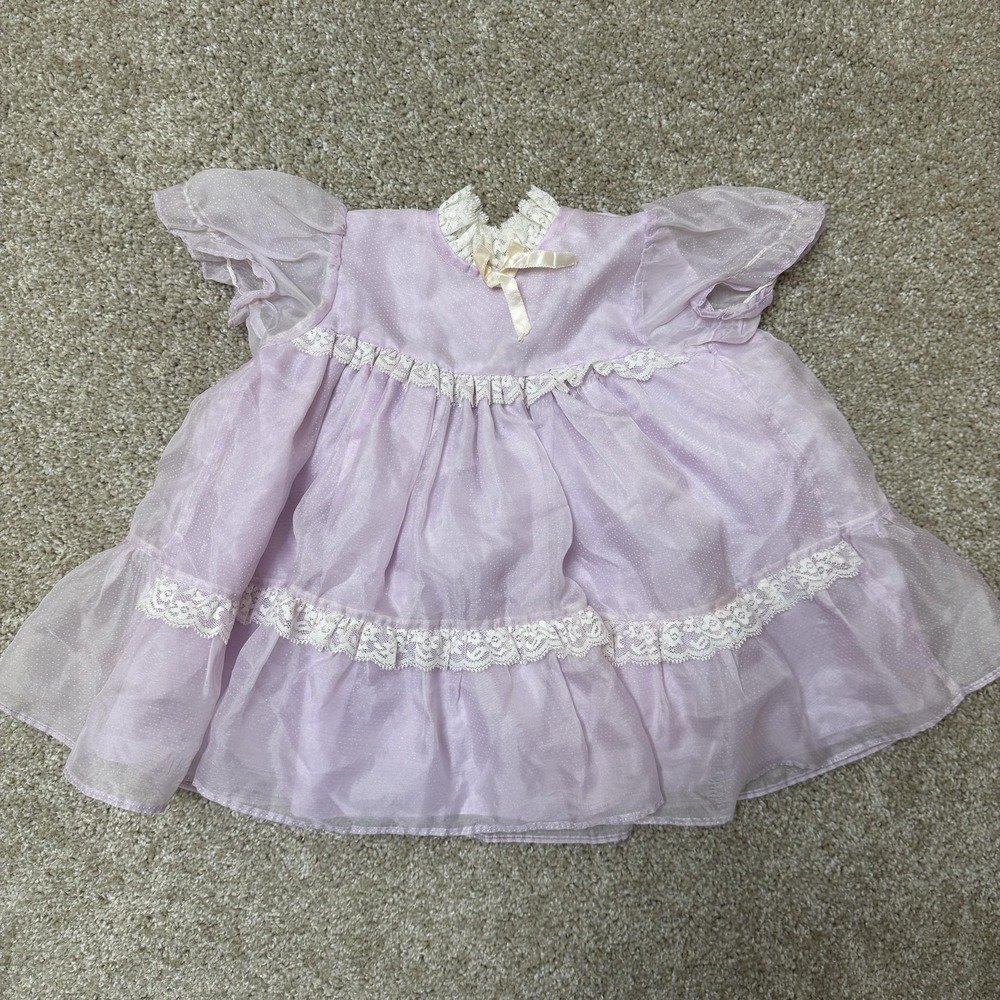 Vintage Dress Girls 6-12 Months Purple Organza Lace Polka Dot Party Wedding